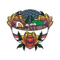 ilustración de icono de vector de tazón de sopa de fideos ramen japonés con estilo plano retro vintage. cocina de comida tradicional japonesa asiática. imágenes prediseñadas, camiseta, menú, póster, impresión, pancarta