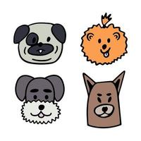 Funny dogs cartoon character set. Cute puppies of pug, pomeranian spitz, schnauzer breed line art. Nice happy pets isolated on white background. Hand drawn vector illustration in cartoon style.