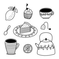 2Kitchen linear doodle set. Tea party cartoon elements teapot, cups, lemon, dessert, spoon, tea bag. Cute line set on a white background. Hand drawn vector illustration.