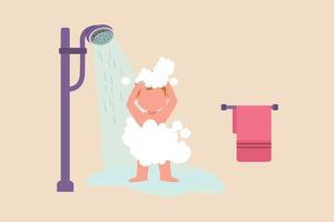 baño de ducha de niño pequeño feliz. concepto de limpieza. ilustraciones vectoriales planas aisladas. vector