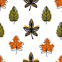 patrón lineal sin costuras de hojas de otoño caídas de diferentes formas. fondo de otoño, cartel con diferentes niveles. elementos estacionales de otoño para crear postales, invitaciones, dibujos animados de estilo plano vector