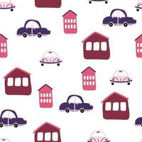 Seamless pattern with hand-drawn cars and houses, trees in the Scandinavian style, cartoon children's background, bright texture on the car theme, stylish and simple illustration, vector print