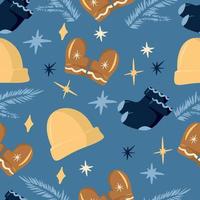 Winter seamless pattern with winter elements, knitted hat, mittens, socks, fir branch, stars, cozy and cute pattern, cartoon and simple style, hygge, blue background, vector