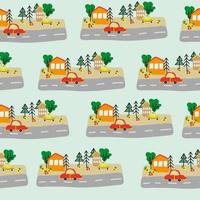 Seamless pattern with hand-drawn cars and houses, trees in the Scandinavian style, cartoon children's background, bright texture on the car theme, stylish and simple illustration, vector print