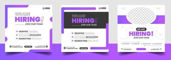 We are hiring job vacancy social media post banner design template with purple color. We are hiring job vacancy square web banner design. vector