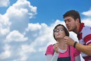 romantic young couple in love together outdoor photo