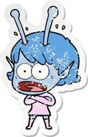 distressed sticker of a cartoon shocked alien girl vector