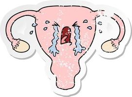 distressed sticker of a cartoon uterus crying vector