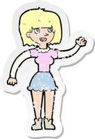 retro distressed sticker of a cartoon girl waving vector