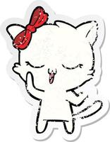 distressed sticker of a cartoon cat with bow on head vector