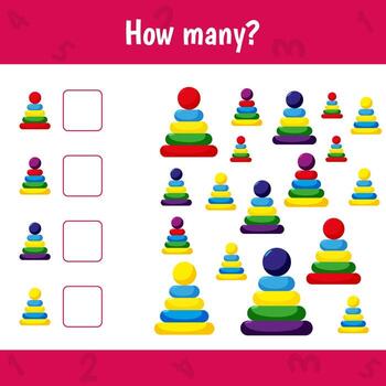 How many pyramids are there. Count the number and write. Math worksheet for kids. vector