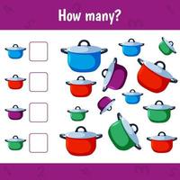 How many saucepans are there. Count the number of kitchen utensil and write. Math worksheet for kids. vector