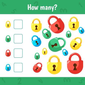 How many locks are there. Count the number and write. Math worksheet for kids. vector