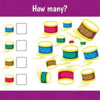 How many drums there. Count the number of instruments and write. Math worksheet for kids. vector