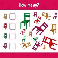 How many chairsare there. Count the number of furniture and write. Math worksheet for kids. vector