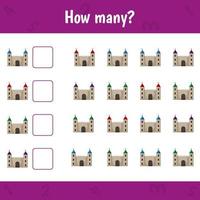 How many castles are there. Count the number and write. Math worksheet for kids. vector