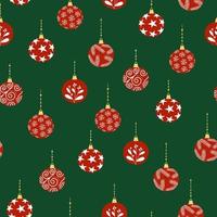 Seamless pattern of red decorated Christmas balls on green background. Background for winter festive design. vector