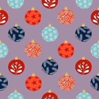 Seamless pattern of colorful decorated Christmas balls on violet background. Background for winter festive design. vector