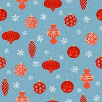 Seamless pattern of red Christmas decoration and snowflakes on blue background. Christmas tree decoration in different shapes. vector