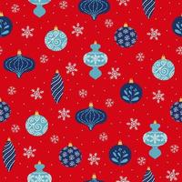 Seamless pattern of blue Christmas decoration and snowflakes on red background. Christmas tree decoration in different shapes. vector