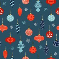 Seamless pattern of colorful Christmas decoration and snowflakes on blue background. Christmas tree decoration in different shapes. vector