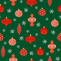 Seamless pattern of red Christmas decoration and snowflakes on green background. Christmas tree decoration in different shapes. vector