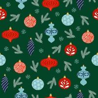 Seamless pattern of Christmas decoration and snowflakes on green background. Christmas tree decoration in different shapes. vector