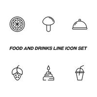 Food and drinks concept. Modern outline symbol and editable stroke. Line icon pack including signs of pizza, mushroom, bowl, cloche, strawberry, cake, disposable plastic cup for coctails vector