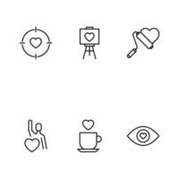 Love and romance concept. Vector symbols in modern flat style. Heart line icon set including icons of heart inside of target, canvas eye and heart near man, cup, paint roller