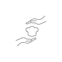 Present, charity, giving concept. Outline monochrome symbols drawn in flat style. Suitable for articles, advertisements, books etc. Line icon of chefs hat between outstretched hands vector