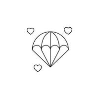 Romance and love concept. Outline sign drawn in flat style. Line icon of parachute surrounded by small hearts vector
