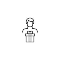 Monochrome sign drawn with black thin line. Modern vector symbol perfect for sites, apps, books, banners etc. Line icon of giftbox next to faceless man