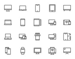 Electronic devices concept. Line icon collection including icons of laptop, tablet, smartphone, computer, wristwatch, e-commerce. Suitable for internet shops, stores, advertisement etc vector