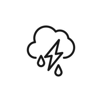 Forecast and weather concept. Minimalistic monochrome signs suitable for apps, sites, advertisement. Editable stroke. Vector line icon of rain and with lightning