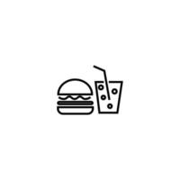 Food and drinks concept. Modern outline symbol and editable stroke. Vector line icon of hamburger and sparkling water or soda with straw for drinking