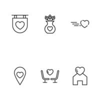 concepto de amor y romance. símbolos vectoriales en estilo plano moderno. conjunto de iconos de la línea del corazón que incluye iconos del corazón en el letrero, ramo de flores, signo gps, casa, etc. vector