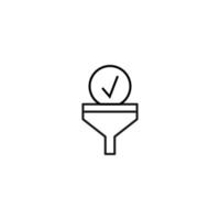 Filtration concept. Vector sign drawn with black lines. Modern symbol in flat style suitable for adverts, books, articles, web sites, apps. Line icon of checkmark inside of funnel or vortex