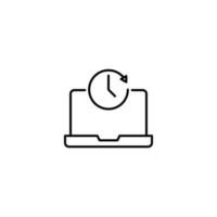 Simple black and white illustration drawn with thin line. Perfect for advertisement, internet shops, stores. Editable stroke. Vector line icon of clock on laptop monitor