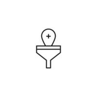 Filtration concept. Vector sign drawn with black lines. Modern symbol in flat style suitable for adverts, books, articles, web sites, apps. Line icon of cross in geotag inside of funnel or vortex