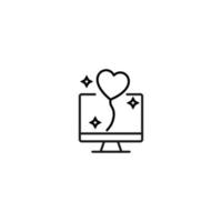 Item on pc monitor. Outline sign suitable for web sites, apps, stores etc. Editable stroke. Vector monochrome line icon of heart and glows on computer monitor