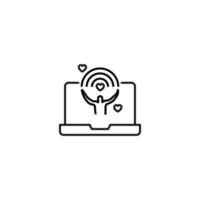 Simple black and white illustration drawn with thin line. Perfect for advertisement, internet shops, stores. Editable stroke. Vector line icon of lgbtq man under rain on computer monitor