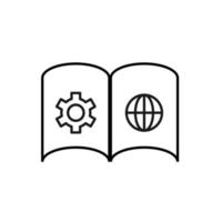 Vector outline symbol suitable for internet pages, sites, stores, shops, social networks. Editable stroke. Line icon of  gear and globe on pages of opened book