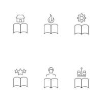 Books, fiction and reading concept. Vector illustrations in flat style. Editable strokes. Line icon set including icons of building, flame, gear, stars, reader, salt and pepper