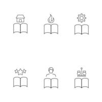 Books, fiction and reading concept. Vector illustrations in flat style. Editable strokes. Line icon set including icons of building, flame, gear, stars, reader, salt and pepper