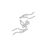 Present, charity, giving concept. Outline monochrome symbols drawn in flat style. Suitable for articles, advertisements, books etc. Line icon of crossed knife and spoon between outstretched hands vector