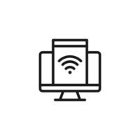 Electronic devices concept. Monochrome illustration drawn with thin line. Perfect for internet resources, stores, books, banner. Line icon of wi fi sign on monitor of computer vector