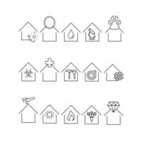 Building as establishment or facility. Line icon set including icons of houses, clinics, workshops, studios, stores, cafe, laboratory. Including gear, drop, paw, brick wall and other elements vector