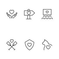 Love and romance concept. Vector symbols in modern flat style. Heart line icon set including icons of heart over open hands and paddles, heart inside of cat, movie screen, shield