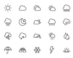 Weather and forecast concept. Outline symbols and editable strokes. Line icon collection with sign of rainbow, snowflake, lighting, sun, cloud, rain, star, moon, wind, umbrella vector