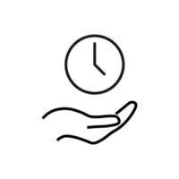 Gift, charity, support symbol. Vector sign drawn with black line. Monochrome image for adverts, banners, stores etc. Line icon of simple clock over outstretched hand